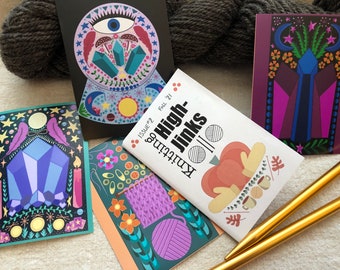 Knitting High-Jinks issue 2 with 4 Free Mini Art Prints, indie knitting zine