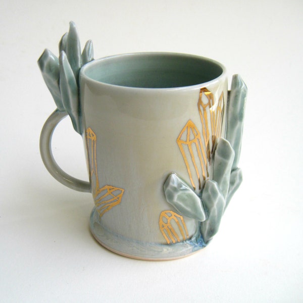 READY TO SHIP Sculpted Gem Growing Crystal Porcelain Mug with Gold Luster