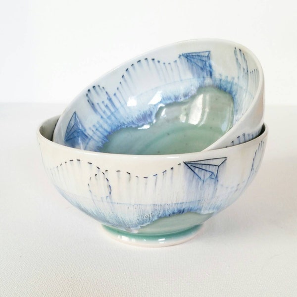 READY TO SHIP Blue with Drippy PaperPlane Porcelain Bowl