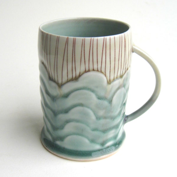 READY TO SHIP Waterfall Rain Cloud Porcelain Mug Red and Blue