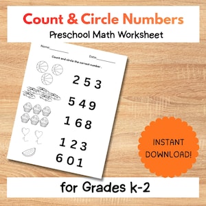 Pode incluir: Uma folha de trabalho de matemática pré-escolar intitulada "Count & Circle Numbers" com ilustrações de bolas de basquete, carros de corrida, cupcakes, balões e uma melancia. O texto "Instant Download!" está em um círculo laranja.