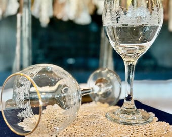 Vintage Libbey Frosted Etched Trees Wine Glasses | Gold Rim Holiday Stemware Set