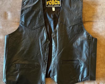 Vintage FORCE Black Genuine Leather Motorcycle Vest Men's Size 50 Biker Waistcoat