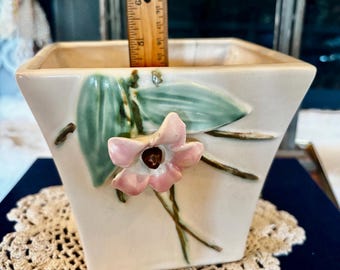 Vintage 1940s McCoy Pottery "Blossom Time" Square Planter - Pink Dogwood Floral Art Pottery