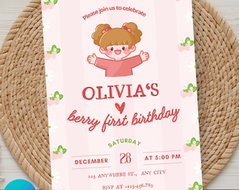 Berry First Birthday Invite Template, Strawberry 1st Birthday Invitation, Berry Birthday Party, Printable Girl Birthday Party, Strawberry