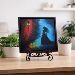 Midnight Stroll – Moody Silhouette Art Print, Dark Feminine Wall Art, Gothic Night Scene, Red Blue Contrast Painting, Mysterious Forest Deco