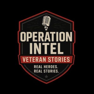May include: A black graphic with the words "OPERATION INTEL" and "VETERAN STORIES" in white and red, respectively. The design includes a microphone icon and the text "REAL HEROES. REAL STORIES."