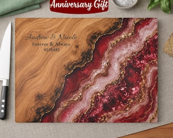 Cadeau de 40e anniversaire, Cadeau de mariage rouge rubis, Planche à découper en verre personnalisée, Planche de charcuterie en résine époxy, Plateau de fromages personnalisé pour couple