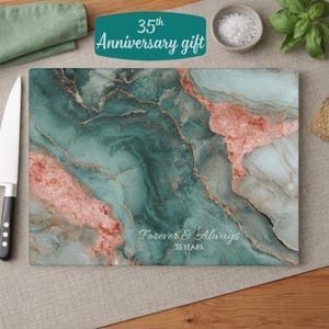 35th Anniversary Gift, Coral & Jade Wedding Gift, Personalized Glass Cutting Board, Marble Charcuterie Board, 35 Year Anniversary for Couple