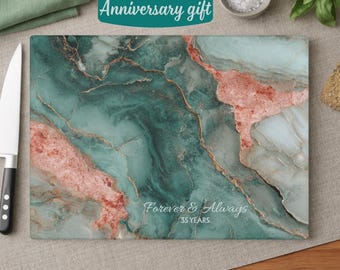 Regalo de 35º aniversario, regalo de boda de coral y jade, tabla de cortar de vidrio personalizada, tabla de charcutería de mármol, 35º aniversario para parejas