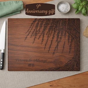May include: A rectangular wooden cutting board with a tree design and the words "Forever & Always." The text "9th Anniversary gift" is at the top. A knife and a green cloth are on the left.