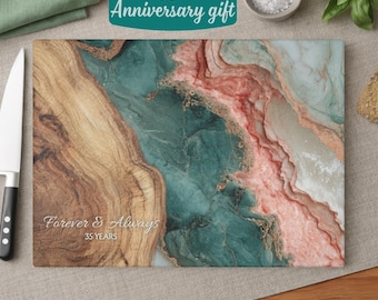 Regalo de 35º aniversario, regalo de boda de coral y jade, tabla de cortar de vidrio personalizada, tabla de charcutería de mármol, 35º aniversario para parejas