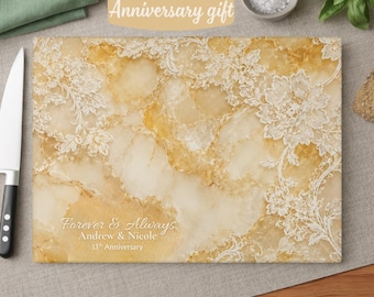 13th Anniversary Gift, Citrine Lace Wedding Gift, Personalized Glass Cutting Board, Marble Charcuterie Board, 13 Year Anniversary for Couple