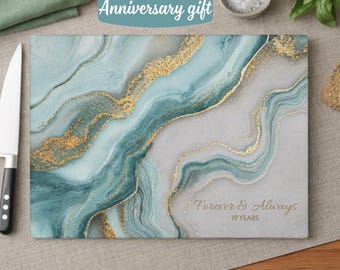 Regalo de 19º aniversario, regalo de boda en color aguamarina, tabla de cortar de vidrio personalizada, tabla de charcutería de mármol, regalo de 19º aniversario para parejas.