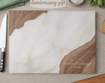 14th Anniversary Gift, Ivory Wedding Gift, Personalized Glass Cutting Board, White Marble Charcuterie Board, 14 Year Anniversary for Couple