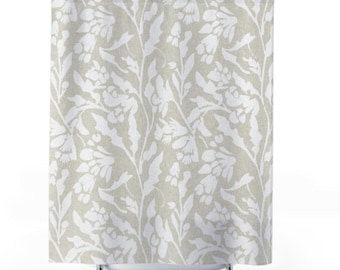 Neutral Botanical Pattern Shower Curtain | Beige White Floral Curtain