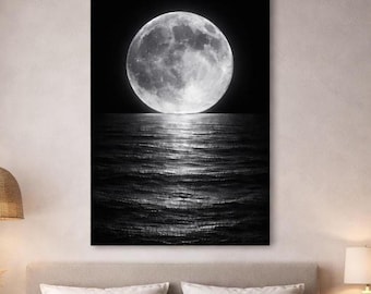 Moon Over Water, Minimalist Nighttime Ocean Moon Matte Canvas Wall Art
