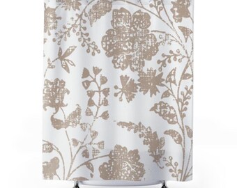 Neutral Floral Pattern Shower Curtain | Beige Spa Bathroom Curtain | Minimalist Botanical Bath Decor