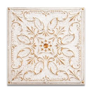 May include: Square, white decorative ceiling tile with a raised, ornate gold floral design. The tile features a central sunburst pattern and detailed leaf and scroll motifs, creating a vintage, elegant aesthetic. The edges are framed with a subtle border.