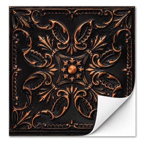 May include: A square, decorative ceiling tile with a black background and ornate copper-colored floral and scrollwork design. The tile has a raised, embossed pattern and a curled corner revealing a white backing.