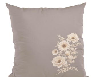 Neutral Floral Throw Pillow Cover | Taupe Botanical Accent Pillow (20x20)