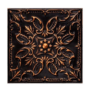 May include: Square, ornate ceiling tile with a black background and bronze-colored floral and scrollwork design. The center features a sunburst design. The tile has a raised, textured appearance and is likely made of metal.