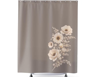 Neutral Floral Shower Curtain | Minimal Botanical Taupe Bath Decor