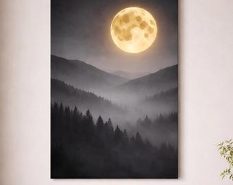 Full Moon Over Misty Forest Canvas Print | Moody Mountain Landscape Wall Art