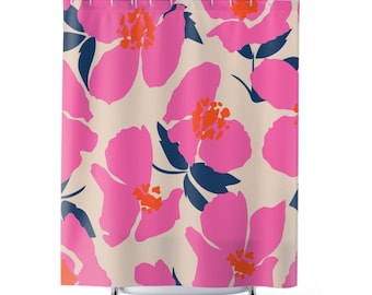 Bold Pink Floral Shower Curtain, Modern Botanical Bathroom Decor