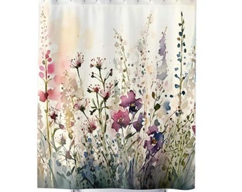 Wildflower Watercolor Shower Curtain, Soft Botanical Bathroom Decor, Neutral Cottagecore Bath Curtain