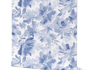 Blue Watercolor Floral Peel and Stick Wallpaper | Cottagecore Removable Accent Wall
