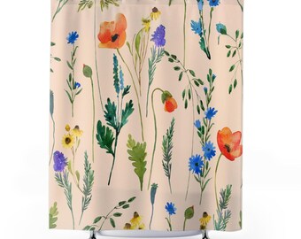 Wildflower Watercolor Shower Curtain, Soft Botanical Floral Bathroom Decor