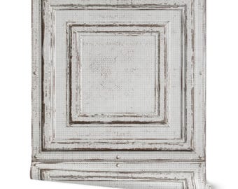 Vintage Tin Panel Wallpaper | Distressed White Architectural Wall Panels | Peel and Stick Wallpaper | Antique Ceiling Tile Look