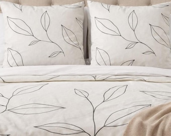 Botanical Line Art Duvet Cover | Minimalist Leaf Bedding, Scandinavian Organic Decor