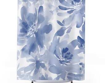 Blue Watercolor Floral Shower Curtain | Soft Abstract Flower Pattern