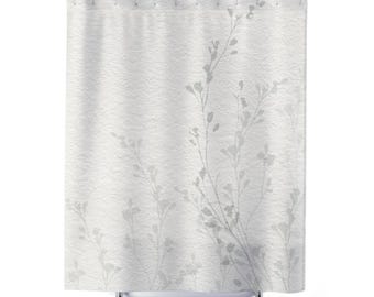 Minimal Botanical Shower Curtain, Neutral Leaf Bathroom Decor, Soft Textured Spa-Inspired Floral Curtain