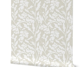 Neutral Botanical Linen Wallpaper | Removable Floral Peel and Stick Beige Home Decor