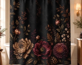 May include: A black shower curtain featuring a botanical print of large, detailed flowers in shades of deep burgundy, muted gold, and brown. The design includes various stems, leaves, and small white blossoms arranged in a dense, dark floral pattern.