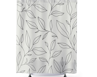 Lindenline Botanical Shower Curtain | Neutral Leaf Line Art Bath Curtain | Modern Spa Bathroom Decor