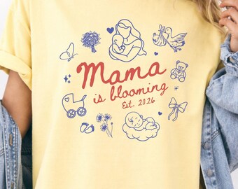 Mama Is Blooming Shirt, Personalized Pregnancy Announcement Tee, Comfort Colors New Mom Gift, Coquette Mama Shirt