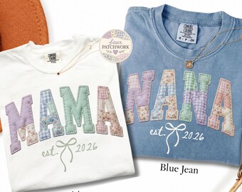 Camiseta de mamá primeriza, camiseta de abuela primeriza, camiseta de anuncio de embarazo, camiseta de mamá con estampado de retazos, camiseta personalizada Est 2026