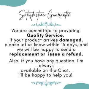 Customer satisfaction guarantee graphic explaining replacement or refund within 15 days and customer support assistance availability.