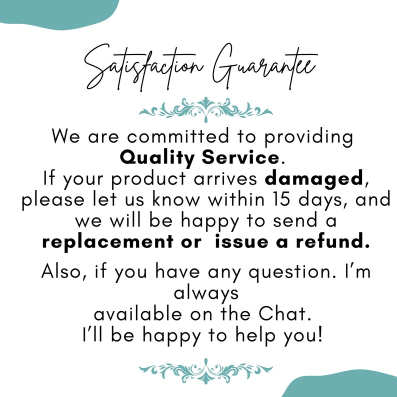 Customer satisfaction guarantee graphic explaining replacement or refund within 15 days and customer support assistance availability.