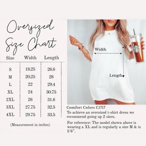 Oversized t-shirt size chart with width and length measurements from small to 4XL and visual guide for proper fit.