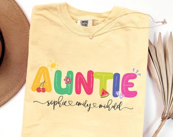 Custom Auntie Shirt with Kids Names, Personalized Aunt Tee, Cute Summer Aunt Shirt, Fun Colorful Auntie Gift for Women