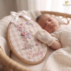 Embroidered Striped Initial Baby Name Gingham Hoop, Custom Baby Name Sign, Coquette Floral Baby Name Sign, Baby Shower Gifts, Daisy Nursery