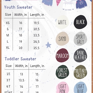 May include: A size chart for youth and toddler sweatshirts, with measurements in inches for width and length. The chart includes colour options such as white, black, and light pink. The word "SWEATSHIRT" is displayed at the top of the graphic.