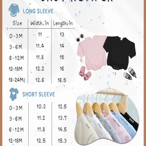 May include: Image of baby rompers in various colours, including pink and black, with size and measurement charts. The chart details long and short sleeve options, with sizes ranging from 0-3 months to 18-24 months. Measurements are in inches.