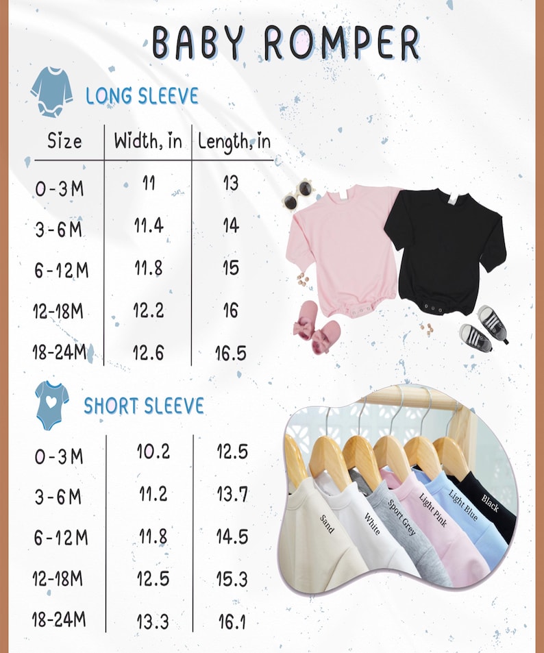 May include: Image of baby rompers in various colours, including pink and black, with size and measurement charts. The chart details long and short sleeve options, with sizes ranging from 0-3 months to 18-24 months. Measurements are in inches.