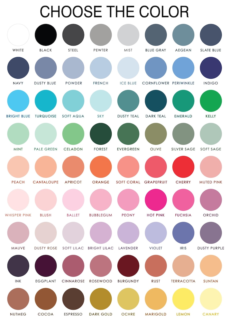 May include: A colour chart displaying a wide range of shades, from white and black to blues, greens, pinks, purples, oranges, and yellows. The text "CHOOSE THE COLOR" is at the top, with colour names below each swatch.